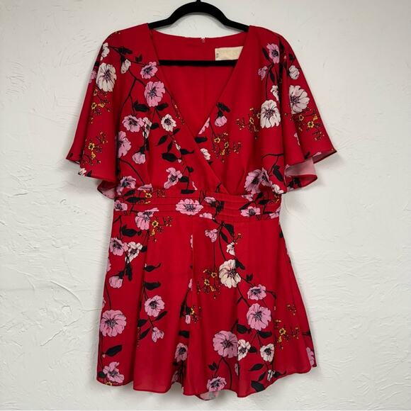 Keepsake Red Floral Romper Womens 10 Flounce Flutter Sleeve Summer Playsuit - Picture 1 of 12